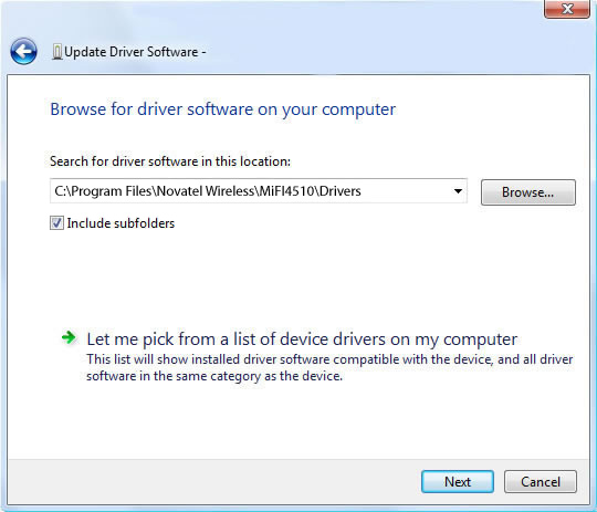 Hardware Update Wizard with search path entered