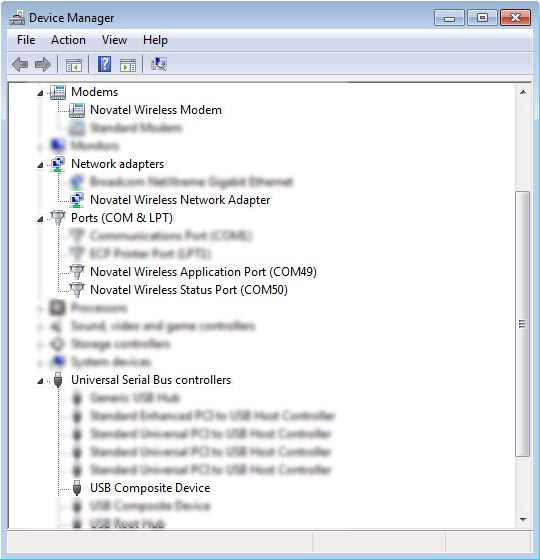 Windows Device Manager with installed devices