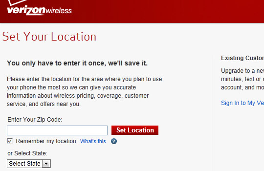 Verizon Wireless website, Set Location page