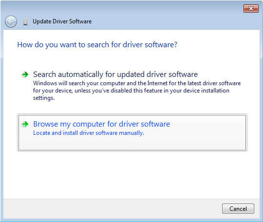 Hardware Update Wizard with focus on selecting Install from a list or specific location (Advanced)