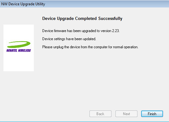 Device Upgrade Completed Successfully screen, Finish