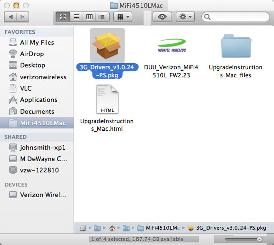 Finder, MiFi4510LMac folder, 3G_Drivers_3.0.24-PS.pkg