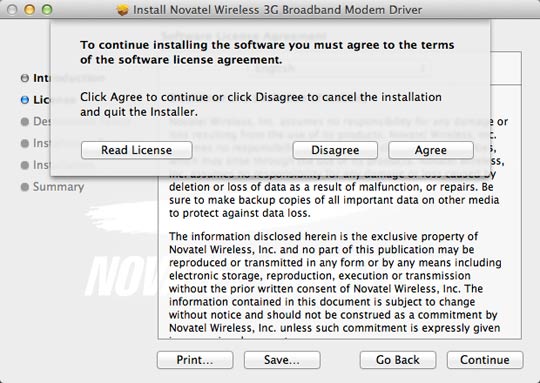 License confirmation screen, Continue