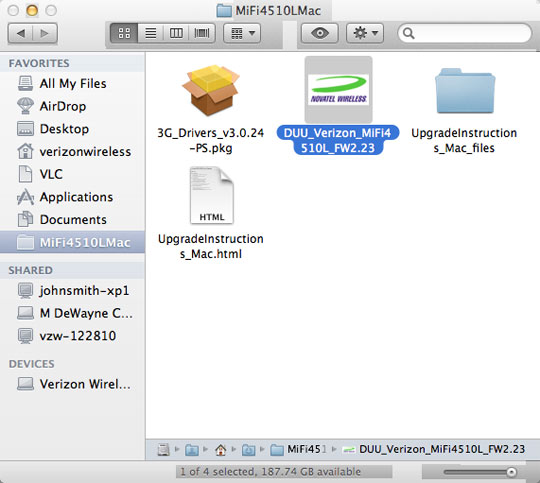 Finder, MiFi4510LMac folder, DUU_Verizon_MiFi4510L_FW2.23