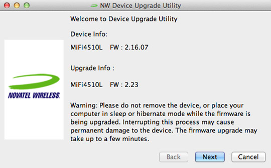 Device / Upgrade Info screen, Next