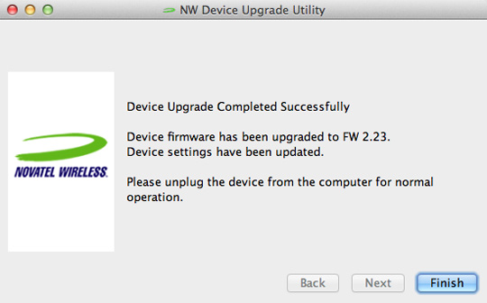 Device Upgrade Completed Successfully screen, Finish