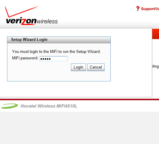 Setup Wizard Login screen, MiFi password
