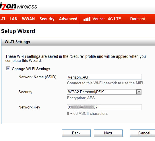 Setup Wizard / Wi-Fi Settings screen, MiFi password